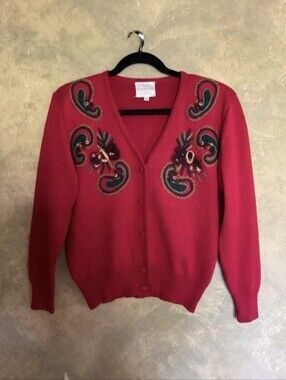 Vintage 90s Susan Bristol Paisley Embroidered Cardigan Wool Blend Red M
